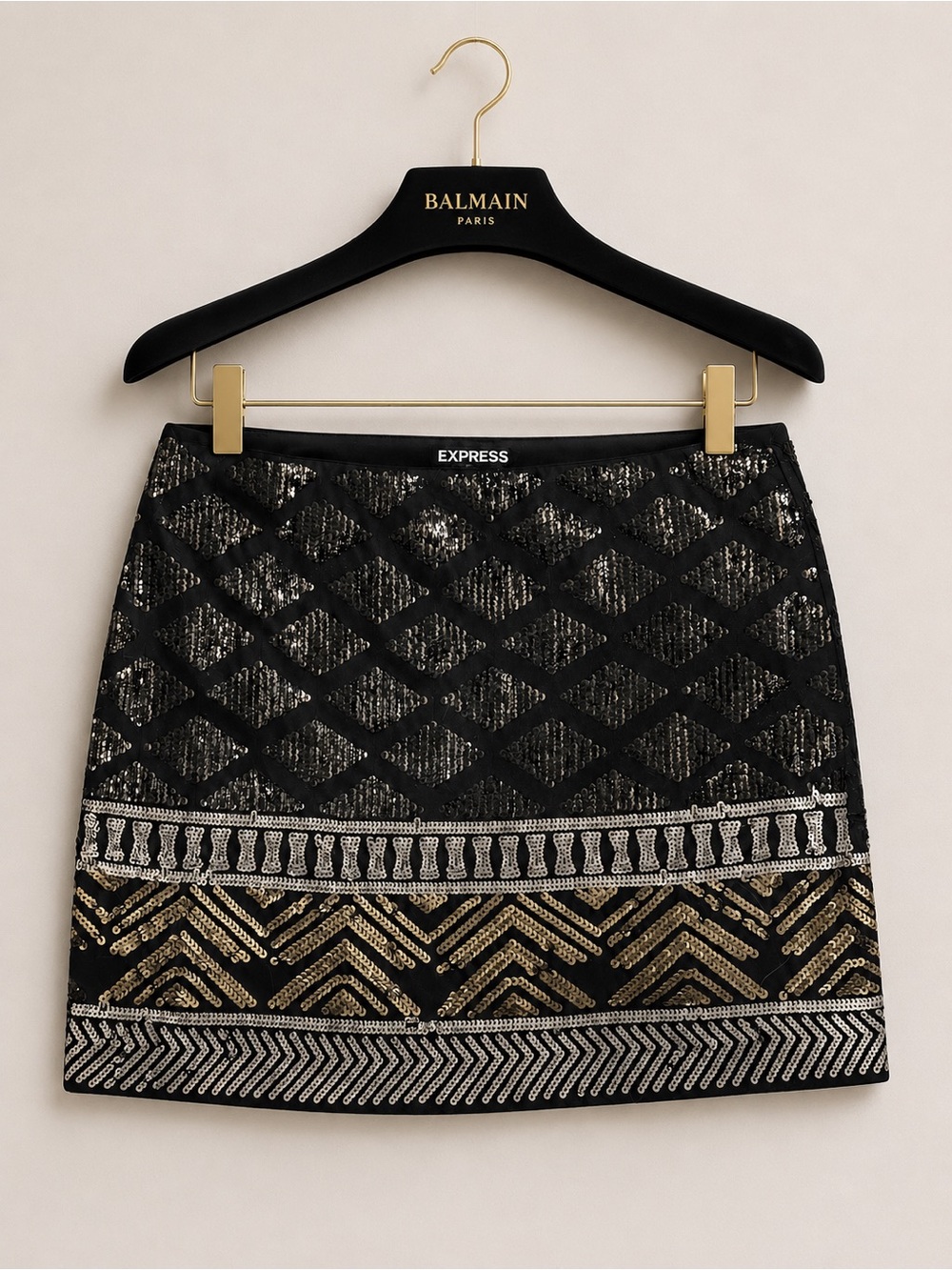 Express Black Sequin Geometric Mini Skirt - Gold & Silver Accents - Size XS